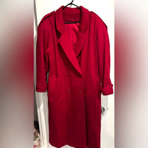 Vintage Lindzon 100% Wool cherry red trench pea coat glam 80's chic designer XL